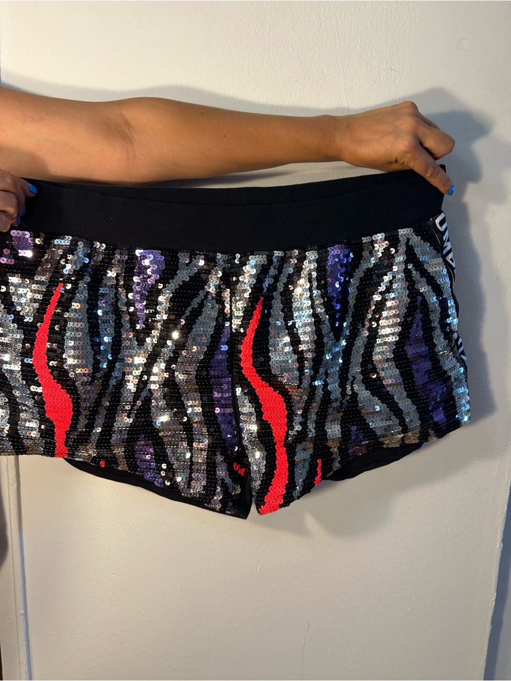 Zumba Fitness Black Sequin Athletic Shorts with Red & Purple Accents